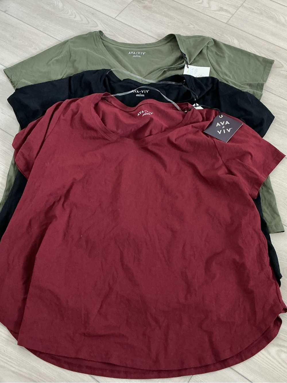 Ava & Viv V-Neck Short Sleeve Tees — Burgundy, Black & Olive